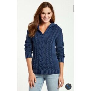Tommy Bahama Women M Sweater Sea Glass Hooded Cable-Knit Textured Blue Fisherman